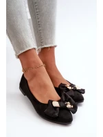 Damskie Eko Zamszowe Baleriny Z Kokardą I Broszką Czarne Satris