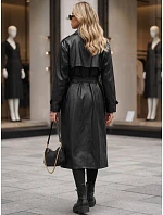 Dlhý čierny dámsky dvojradový kabát s opaskom FashionStreet NY0780