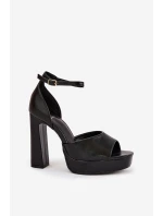 Sandały Damskie Na Słupku I Platformie Eko Skórzane Czarne Lomman
