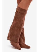 Kozačky Eko semišové podpatek sloupek na zip vyhřívané vytočená lýtka tmavě béžové Evyra