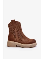 Zazoo Dámske semišové čižmy na plochom podpätku, ažurové, hnedé Zazoo Dámske semišové čižmy na plochom podpätku, ažurové, hnedé