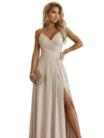 299-20 CHIARA Maxi šaty bez ramienok s obálkovým výstrihom a rozparkom na nohách - béžové s trblietkami