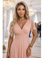 635-7 MELANIA Dlhé trblietavé svadobné šaty s krátkymi rukávmi a výstrihom - broskyňové 635-7 MELANIA Dlhé trblietavé svadobné šaty s krátkymi rukávmi a výstrihom - broskyňové