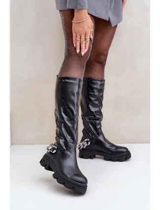 Kozaki Na Płaskim Obcasie Z Łańcuchem Czarne Nauricette