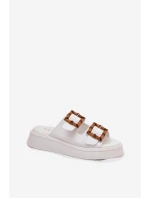 Eko Skórzane Klapki Damskie Na Platformie Z Klamrami Białe Xanivia