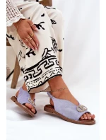 Sandały Damskie Z Ozdobą Na Płaskim Obcasie Eko Zamszowe Niebieskie Ralisses