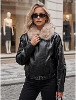 Dámska zimná bunda z ekokože s kožušinovým lemom, čierna, FashionStreet TY5709 Dámska zimná bunda z ekokože s kožušinovým lemom, čierna, FashionStreet TY5709