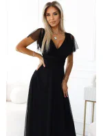 562-3 NASTIA Dlhé šaty s výstrihom a krátkymi rukávmi - BLACK