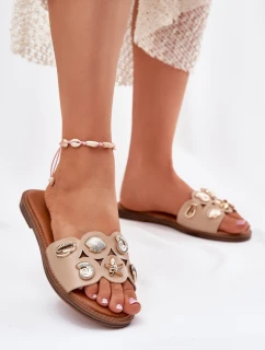 Klapki Damskie Na Płaskim Obcasie Ze Złotymi Przypinkami Beżowe Nalothiel