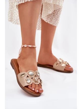 Klapki Damskie Na Płaskim Obcasie Ze Złotymi Przypinkami Beżowe Nalothiel