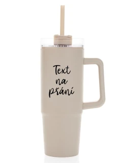 TEXT NA PŘÁNÍ - béžový cestovní termohrnek s průhledným víčkem 900 ml
