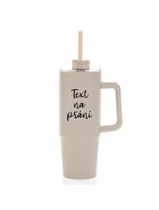 TEXT NA PŘÁNÍ - béžový cestovní termohrnek s průhledným víčkem 900 ml  