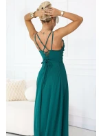 589-6 Maxi šaty bez ramienok s korzetovým zaväzovaním vzadu a rozparkom - fľaškovo zelené