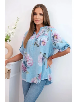 Dámska bavlnená blúzka s kvetinovým vzorom modrá Dámska bavlnená blúzka s kvetinovým vzorom modrá
