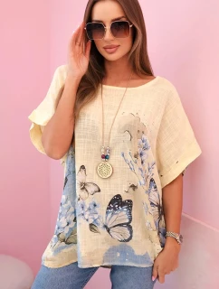 Dámske bavlnené tričko s motýľmi a kvetmi žlté