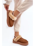 Skórzane Zamszowe Kapcie Damskie Na Platformie Z Futerkiem Camel Sophienne