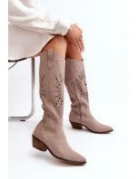 Zazoo 2909 Zamszowe Kozaki Ażurowe Na Niskim Obcasie Beżowe