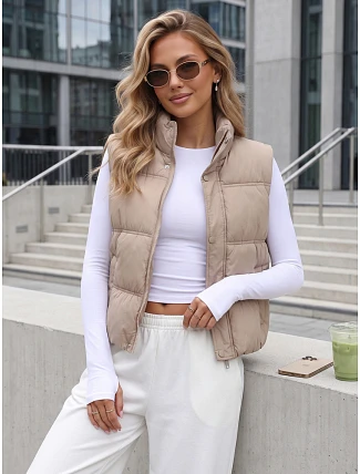 Dámska zateplená vesta bez kapucne, tmavo béžová, FashionStreet TY5727