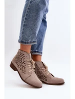 Zazoo 2871 Ażurowe Botki Damskie Sznurowane Beżowe