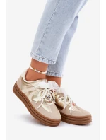 Sneakersy Damskie Na Platformie Z Ozdobami Beżowo-Złote Vinness