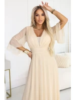 654-2 Dlhé trblietavé plus size šaty s výstrihom a priehľadnými rukávmi - šampanská béžová