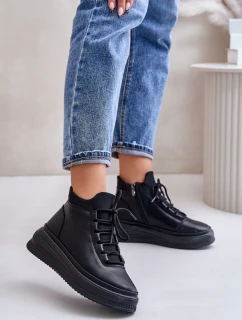 Lekkie Skórzane Buty Sportowe Na Platformie Artiker 55C1041 Czarne