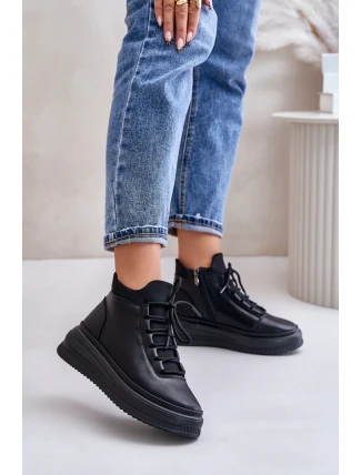 Lekkie Skórzane Buty Sportowe Na Platformie Artiker 55C1041 Czarne