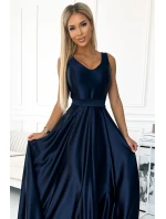 508-1 CINDY dlhé saténové šaty s výstrihom a mašľou - ZELENÉ