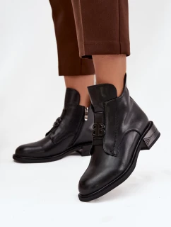 Ocieplane Skórzane Botki Damskie Z Ozdobnym Detalem Czarne Briselda