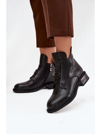 Ocieplane Skórzane Botki Damskie Z Ozdobnym Detalem Czarne Briselda