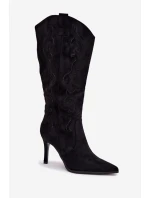 Dámské kozačky na podpatku cowboye z eko semiše černé Belonia