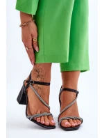 Skórzane Sandały Z Cyrkoniami Na Obcasie Czarne Carlotta