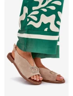 Sandały Damskie Z Ozdobą Na Płaskim Obcasie Eko Zamszowe Beżowe Ralisses