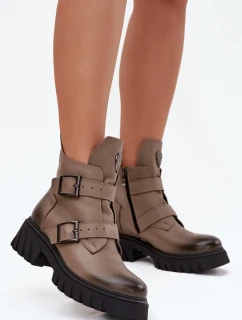 Skórzane Ocieplane Botki Damskie Z Klamrami I Ozdobnym Detalem Zazoo 60482 Ciemnobeżowe