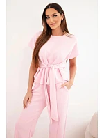 Dámska súprava z mäkkého lesklého materiálu s blúzkou s krátkym rukávom a širokými nohavicami candy pink