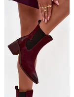 Skórzane Zamszowe Botki Damskie Na Słupku Ocieplane Artiker 57C0048 Bordowe