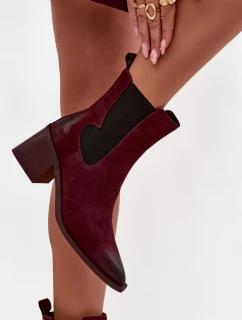 Skórzane Zamszowe Botki Damskie Na Słupku Ocieplane Artiker 57C0048 Bordowe