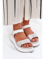 Skórzane Sandały Damskie Platformie I Koturnie Na Rzep S.Barski LR51-543 Srebrne