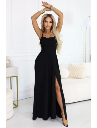 589-5 Maxi šaty bez ramienok s korzetovým zaväzovaním vzadu a rozparkom - čierne