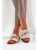 Skórzane Płaskie Eleganckie Klapki Z Kokardką Lewski 3572 Złoty Przecierany