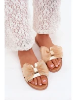 Klapki Damskie Na Płaskim Obcasie Z Tiulową Kokardą Złote Tanira