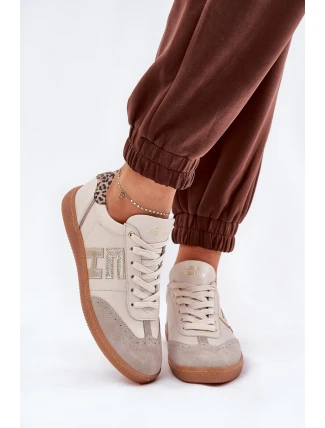 Skórzane Buty Sportowe Sneakersy Damskie Panterka CheBello 4640 Beżowe