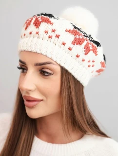 Dámska zimná vlnená čiapka s motívom snehovej vločky a bambulou K457 ecru