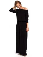 M435 Maxi bavlnené šaty s opaskom na zaväzovanie - čierne M435 Maxi bavlnené šaty s opaskom na zaväzovanie - čierne