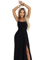 589-5 Maxi šaty bez ramienok s korzetovým zaväzovaním vzadu a rozparkom - čierne