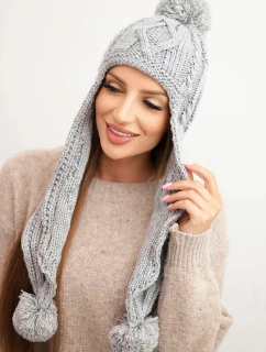 Dámska zimná vlnená čiapka s bambuľkami a predĺženými bokmi K448 sivá
