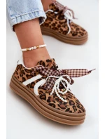 Sneakersy Damskie W Panterkę Na Platformie Z Ozdobami Brązowe Vinness
