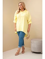 Dámske bavlnené tričko plus size s gombíkmi a golierom žlté