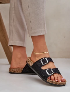 Materiałowe Klapki Na Korkowej Podeszwie Z Klamrami Czarne Atera