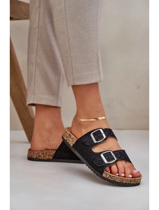 Materiałowe Klapki Na Korkowej Podeszwie Z Klamrami Czarne Atera